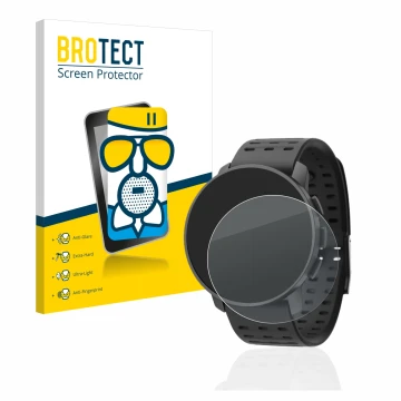 Parte frontal de un envase de producto con el logotipo de la marca BROTECT. Al lado se muestra el dispositivo Suunto 9 Peak Pr