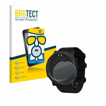 Parte frontal de un envase de producto con el logotipo de la marca BROTECT. Al lado se muestra el dispositivo Suunto Core Alph