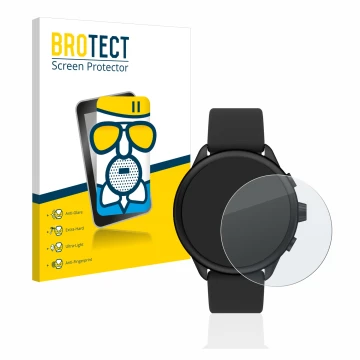Parte frontal de un envase de producto con el logotipo de la marca BROTECT. Al lado se muestra el dispositivo Fossil Smartwatc