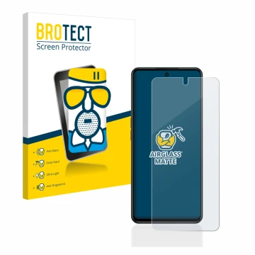 Parte frontal de un envase de producto con el logotipo de la marca BROTECT. Al lado se muestra el dispositivo Oppo A98 5G con 