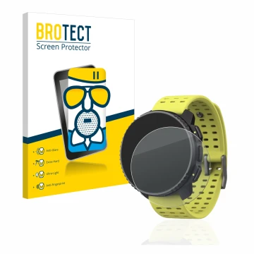 Parte frontal de un envase de producto con el logotipo de la marca BROTECT. Al lado se muestra el dispositivo Suunto Vertical 