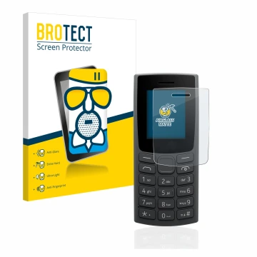 Parte frontal de un envase de producto con el logotipo de la marca BROTECT. Al lado se muestra el dispositivo Nokia 110 (2023)