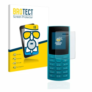 Parte frontal de un envase de producto con el logotipo de la marca BROTECT. Al lado se muestra el dispositivo Nokia 105 4G (20