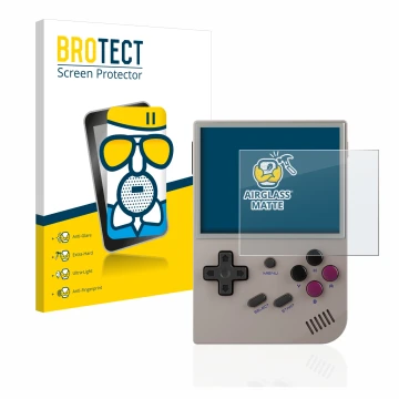 Parte frontal de un envase de producto con el logotipo de la marca BROTECT. Al lado se muestra el dispositivo Anbernic RG35XX 