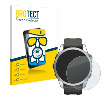 Parte frontal de un envase de producto con el logotipo de la marca BROTECT. Al lado se muestra el dispositivo Garmin Fenix 7S 