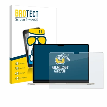 Parte frontal de un envase de producto con el logotipo de la marca BROTECT. Al lado se muestra el dispositivo Apple MacBook Ai