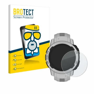 Parte frontal de un envase de producto con el logotipo de la marca BROTECT. Al lado se muestra el dispositivo Garmin Instinct 