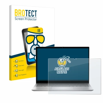 Parte frontal de un envase de producto con el logotipo de la marca BROTECT. Al lado se muestra el dispositivo Dell Inspiron 14