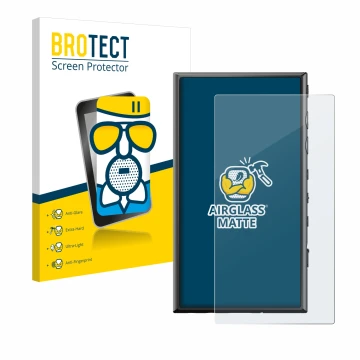 Parte frontal de un envase de producto con el logotipo de la marca BROTECT. Al lado se muestra el dispositivo Sony Walkman NW-