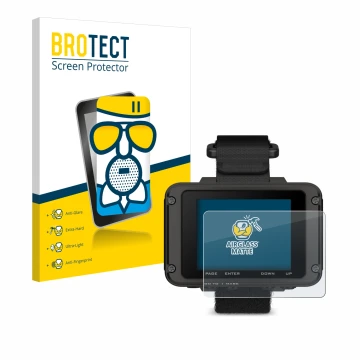 Parte frontal de un envase de producto con el logotipo de la marca BROTECT. Al lado se muestra el dispositivo Garmin Foretrex 