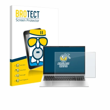 Parte frontal de un envase de producto con el logotipo de la marca BROTECT. Al lado se muestra el dispositivo HP EliteBook 860