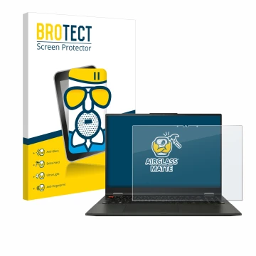Parte frontal de un envase de producto con el logotipo de la marca BROTECT. Al lado se muestra el dispositivo ASUS Vivobook S 