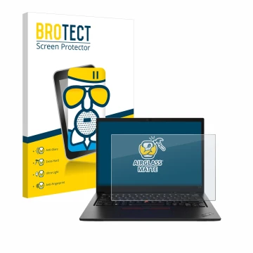 Parte frontal de un envase de producto con el logotipo de la marca BROTECT. Al lado se muestra el dispositivo Lenovo ThinkPad 