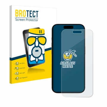 Parte frontal de un envase de producto con el logotipo de la marca BROTECT. Al lado se muestra el dispositivo Apple iPhone 15 
