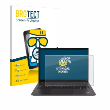 Parte frontal de un envase de producto con el logotipo de la marca BROTECT. Al lado se muestra el dispositivo Lenovo ThinkPad 