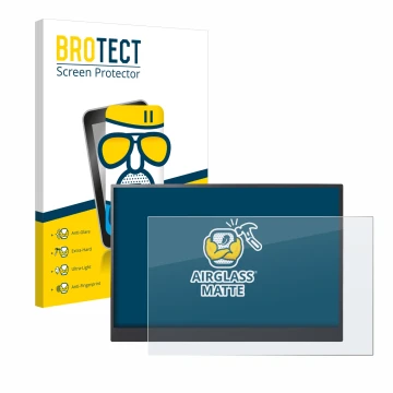 Parte frontal de un envase de producto con el logotipo de la marca BROTECT. Al lado se muestra el dispositivo LG gram +view 16