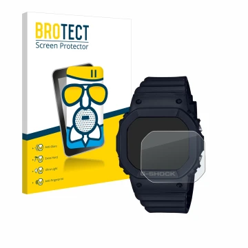 Parte frontal de un envase de producto con el logotipo de la marca BROTECT. Al lado se muestra el dispositivo Casio G-Shock GM