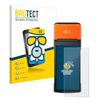 Parte frontal de un envase de producto con el logotipo de la marca BROTECT. Al lado se muestra el dispositivo Sunmi V2 Pro con