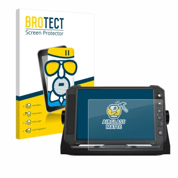 Parte frontal de un envase de producto con el logotipo de la marca BROTECT. Al lado se muestra el dispositivo Lowrance Elite F