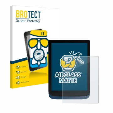 Parte frontal de un envase de producto con el logotipo de la marca BROTECT. Al lado se muestra el dispositivo Vivlio InkPad 3 
