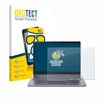 Parte frontal de un envase de producto con el logotipo de la marca BROTECT. Al lado se muestra el dispositivo Acer Chromebook 