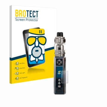 Parte frontal de un envase de producto con el logotipo de la marca BROTECT. Al lado se muestra el dispositivo Voopoo Drag M100