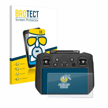 Parte frontal de un envase de producto con el logotipo de la marca BROTECT. Al lado se muestra el dispositivo DJI Mavic 3 RC P