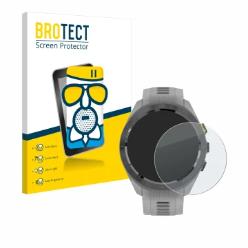 Parte frontal de un envase de producto con el logotipo de la marca BROTECT. Al lado se muestra el dispositivo Garmin Approach 