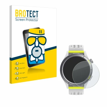 Parte frontal de un envase de producto con el logotipo de la marca BROTECT. Al lado se muestra el dispositivo Huami Amazfit Ch