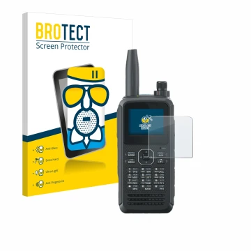 Parte frontal de un envase de producto con el logotipo de la marca BROTECT. Al lado se muestra el dispositivo Kenwood TH-D75E 