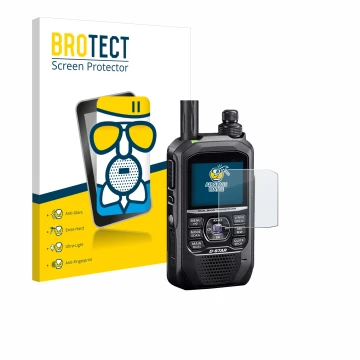Parte frontal de un envase de producto con el logotipo de la marca BROTECT. Al lado se muestra el dispositivo Icom ID-50E con 