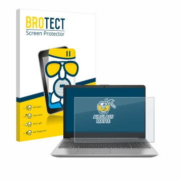 Parte frontal de un envase de producto con el logotipo de la marca BROTECT. Al lado se muestra el dispositivo HP 250 G9 con su
