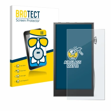 Parte frontal de un envase de producto con el logotipo de la marca BROTECT. Al lado se muestra el dispositivo Astell&Kern A&fu