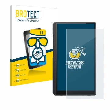 Parte frontal de un envase de producto con el logotipo de la marca BROTECT. Al lado se muestra el dispositivo FiiO M11s con su