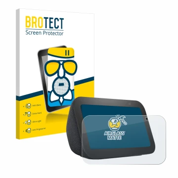 Parte frontal de un envase de producto con el logotipo de la marca BROTECT. Al lado se muestra el dispositivo Amazon Echo Show