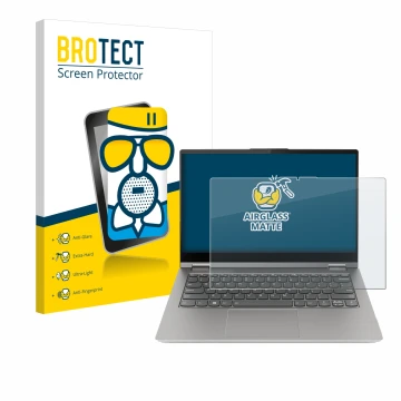 Parte frontal de un envase de producto con el logotipo de la marca BROTECT. Al lado se muestra el dispositivo Lenovo ThinkBook