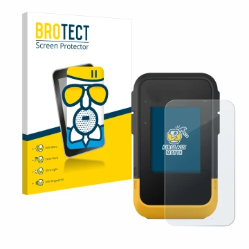Parte frontal de un envase de producto con el logotipo de la marca BROTECT. Al lado se muestra el dispositivo Garmin eTrex SE 