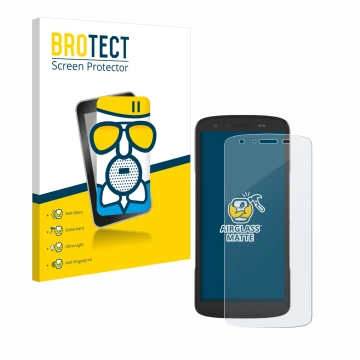 Parte frontal de un envase de producto con el logotipo de la marca BROTECT. Al lado se muestra el dispositivo Zebra TC27 con s