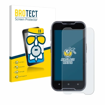 Parte frontal de un envase de producto con el logotipo de la marca BROTECT. Al lado se muestra el dispositivo Datalogic Memor 