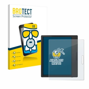 Parte frontal de un envase de producto con el logotipo de la marca BROTECT. Al lado se muestra el dispositivo Boox Page con su