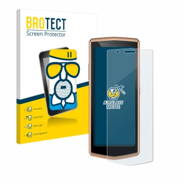 Parte frontal de un envase de producto con el logotipo de la marca BROTECT. Al lado se muestra el dispositivo Cubot Pocket 3 c