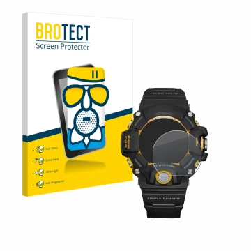 Parte frontal de un envase de producto con el logotipo de la marca BROTECT. Al lado se muestra el dispositivo Casio G-Shock GW