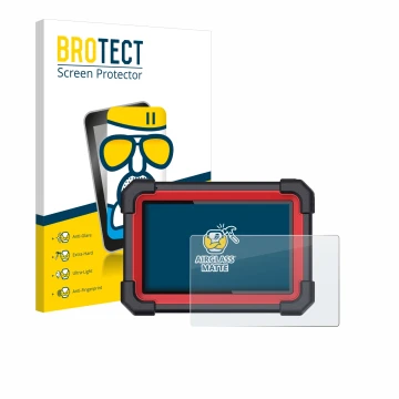 Parte frontal de un envase de producto con el logotipo de la marca BROTECT. Al lado se muestra el dispositivo Launch X-431 CRP