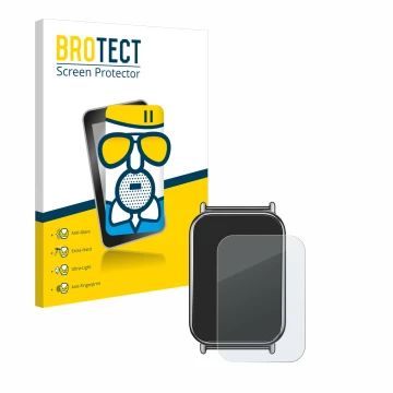 Parte frontal de un envase de producto con el logotipo de la marca BROTECT. Al lado se muestra el dispositivo Xiaomi Mi Band 8