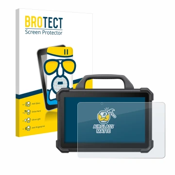 Parte frontal de un envase de producto con el logotipo de la marca BROTECT. Al lado se muestra el dispositivo Launch X-431 Tab