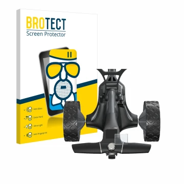 Parte frontal de un envase de producto con el logotipo de la marca BROTECT. Al lado se muestra el dispositivo Motocaddy M7 GPS