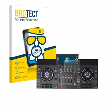 Parte frontal de un envase de producto con el logotipo de la marca BROTECT. Al lado se muestra el dispositivo Denon DJ SC LIVE