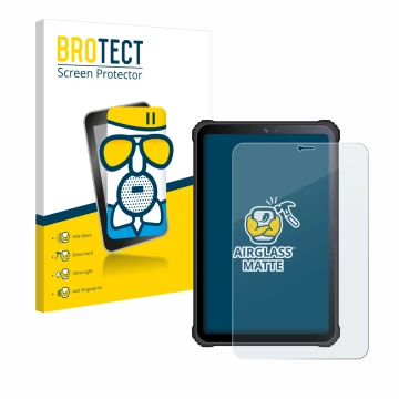 Parte frontal de un envase de producto con el logotipo de la marca BROTECT. Al lado se muestra el dispositivo Oukitel RT3 con 