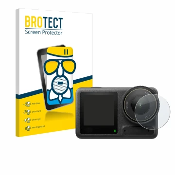 Parte frontal de un envase de producto con el logotipo de la marca BROTECT. Al lado se muestra el dispositivo DJI Osmo Action 