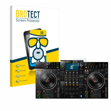 Parte frontal de un envase de producto con el logotipo de la marca BROTECT. Al lado se muestra el dispositivo Pioneer XDJ -XZ 